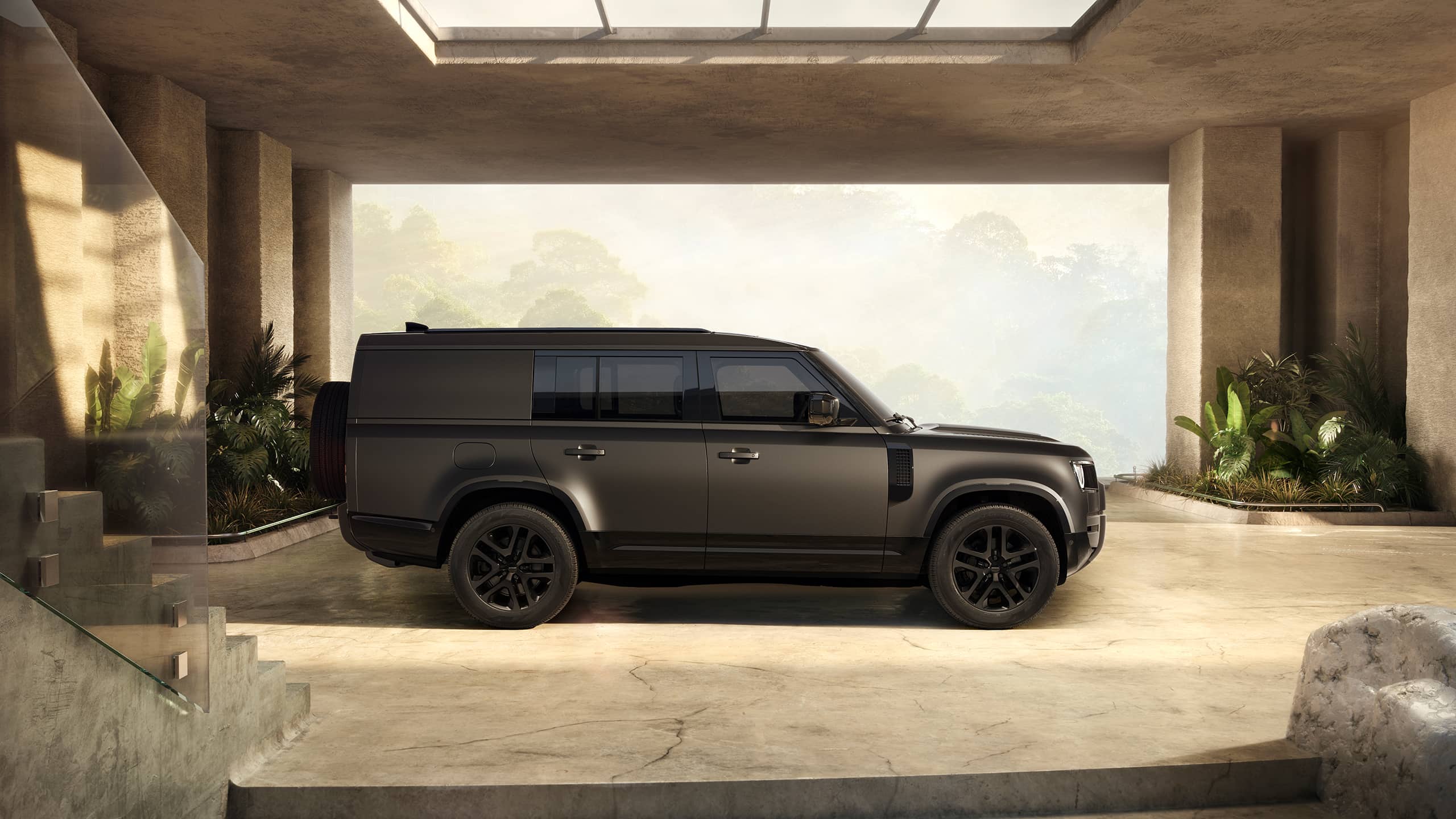 Defender parked in luxury stone parking